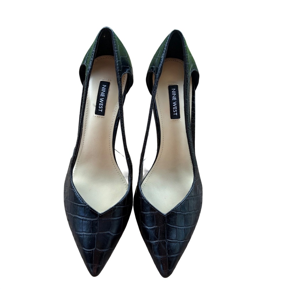 Nine West Black Croc Embossed Clear Panel d'Orsay Pointed Toe Stiletto Heels 8.5